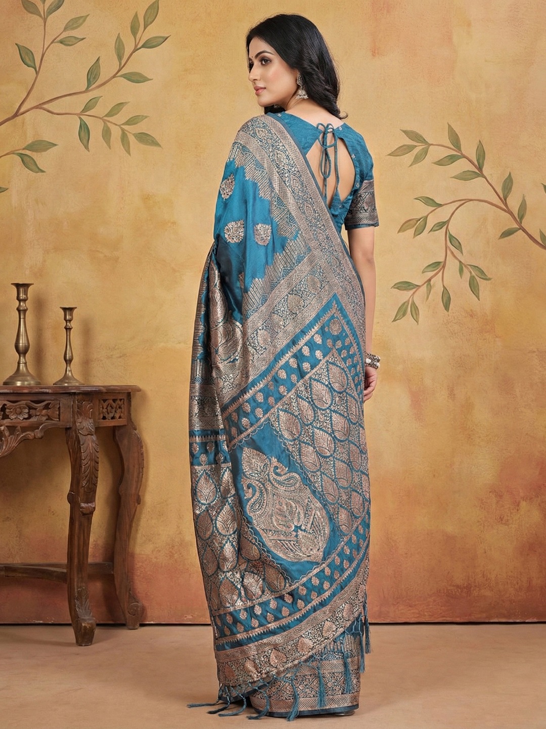 Teal Silk Blend Woven Designer Festive Saree — alternate view