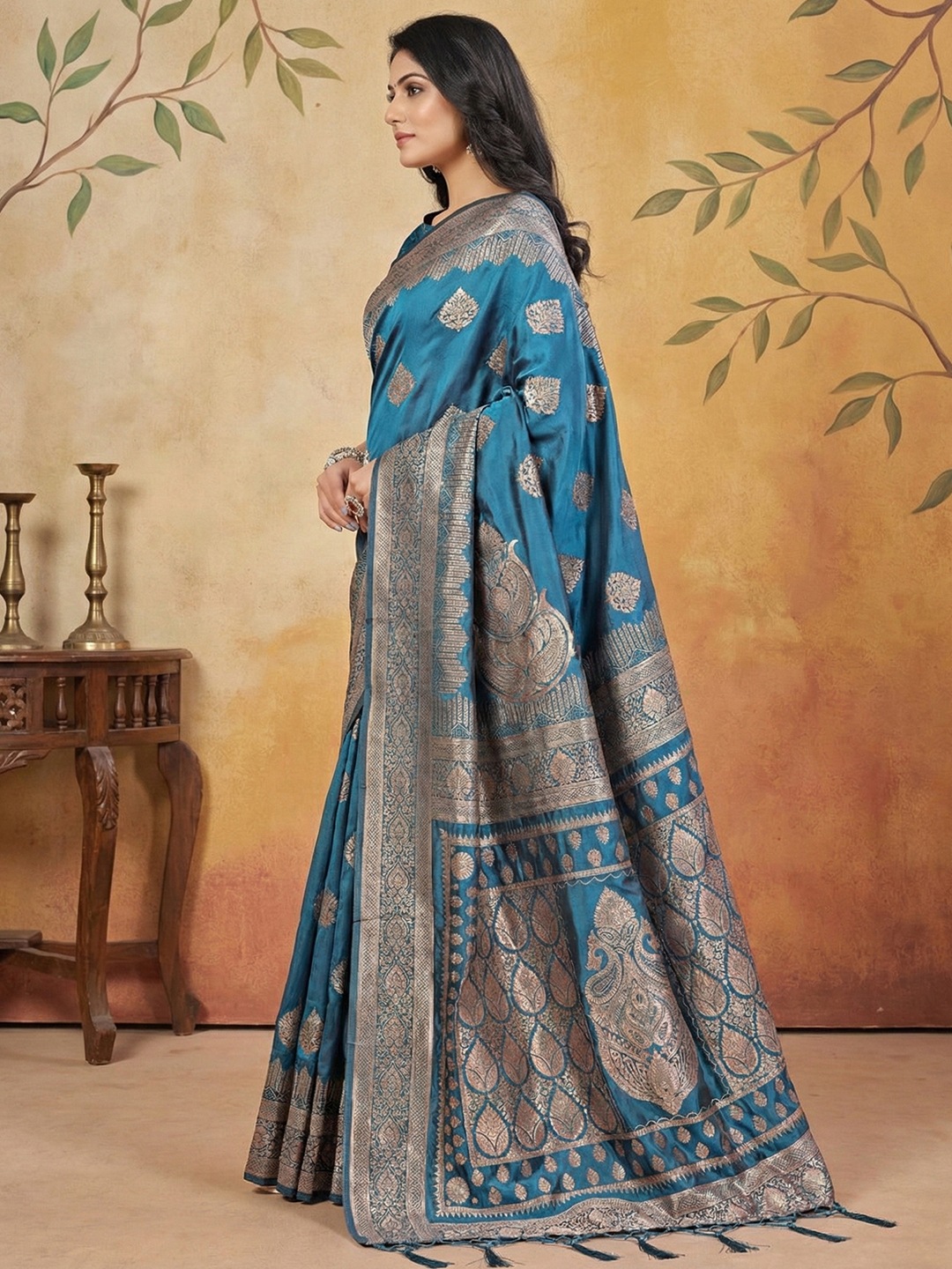 Teal Silk Blend Woven Designer Festive Saree