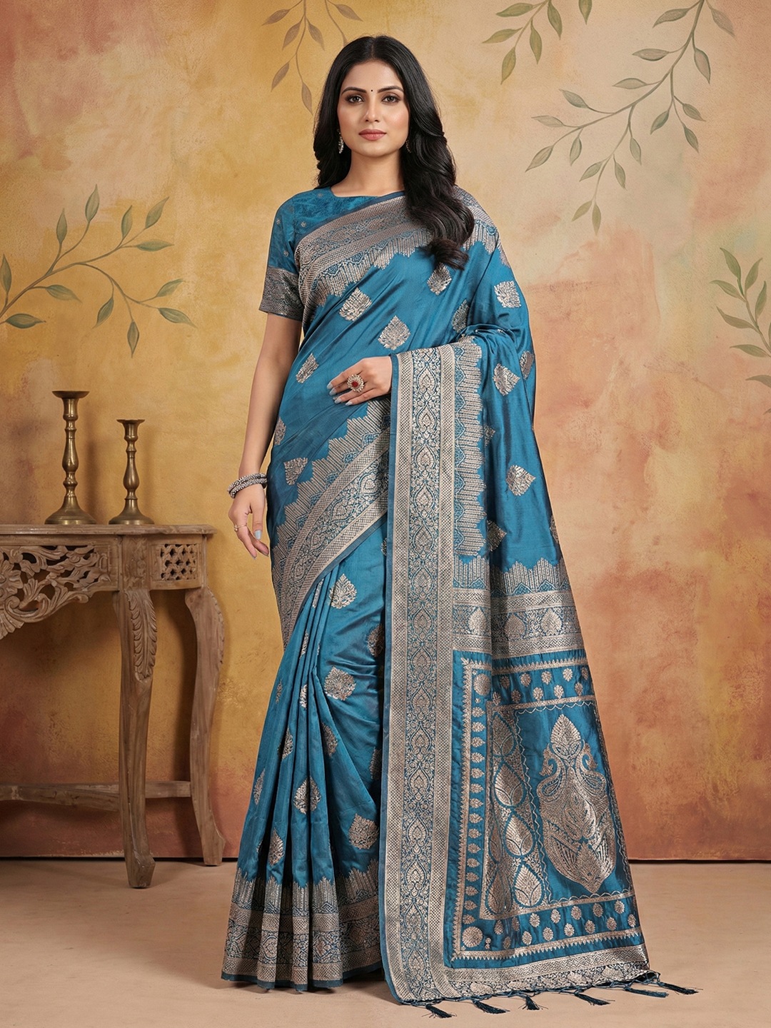 Teal Silk Blend Woven Designer Festive Saree