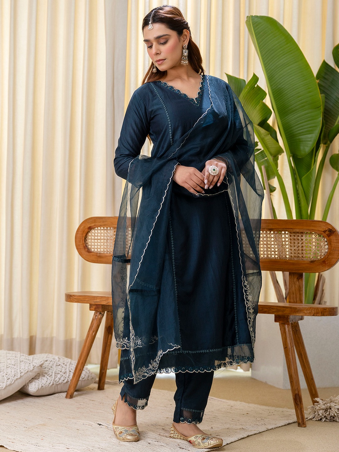 Teal Silk Embroidered Salwar Suit