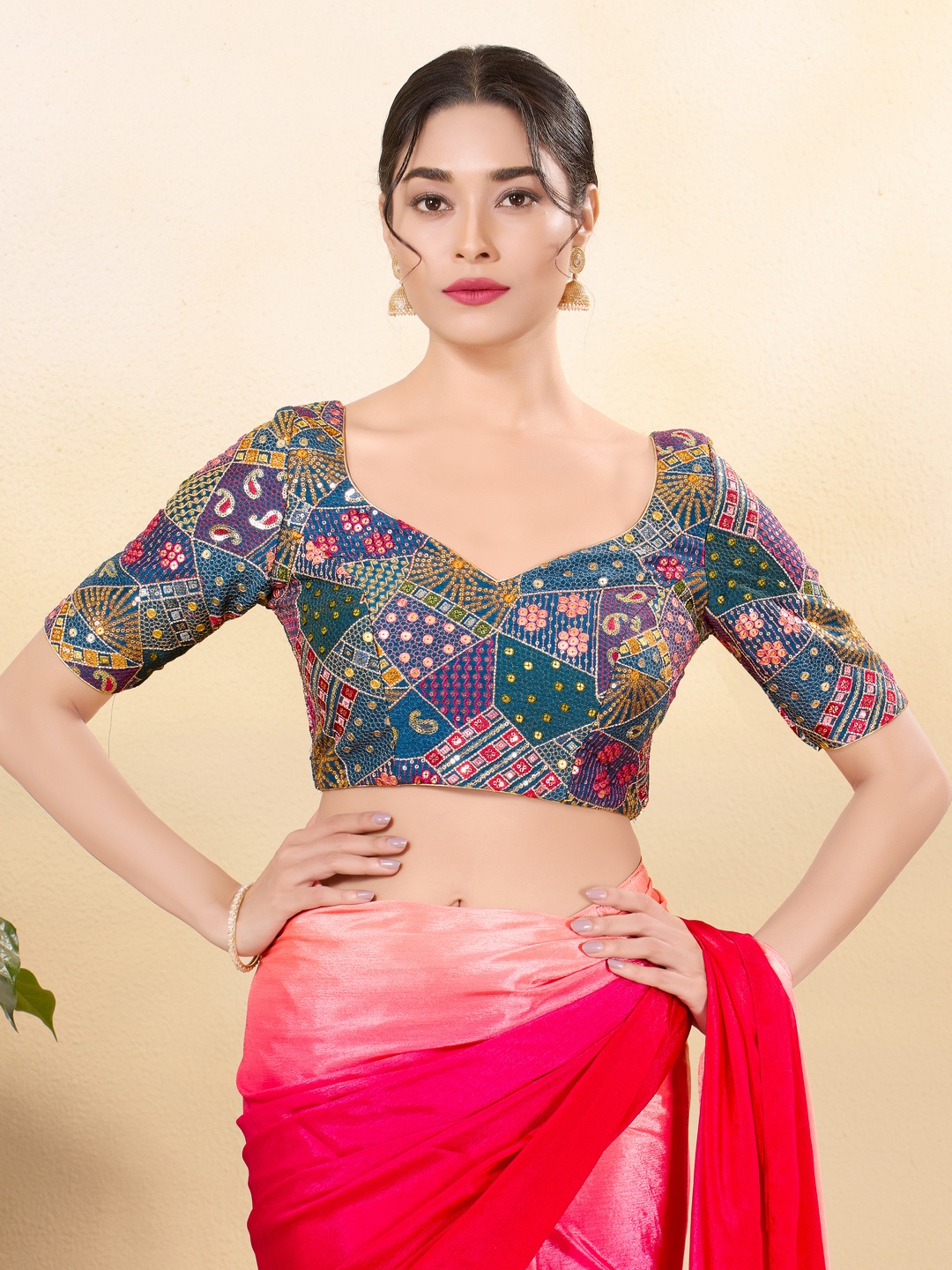Teal Silk Patchwork Embroidered Structured Blouse