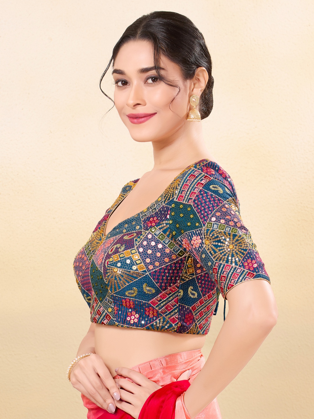 Teal Silk Patchwork Embroidered Structured Blouse