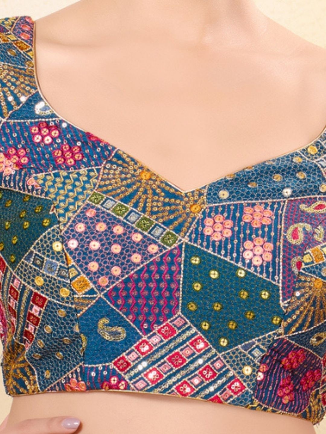 Teal Silk Patchwork Embroidered Structured Blouse