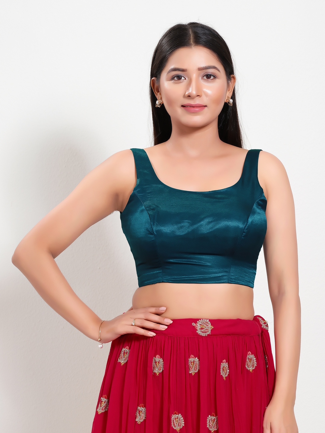 Teal Silk Readymade Blouse