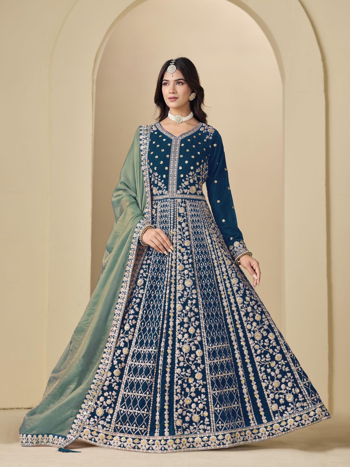 Teal Sky Blue Floral Designer Embroidered Anarkali Suit