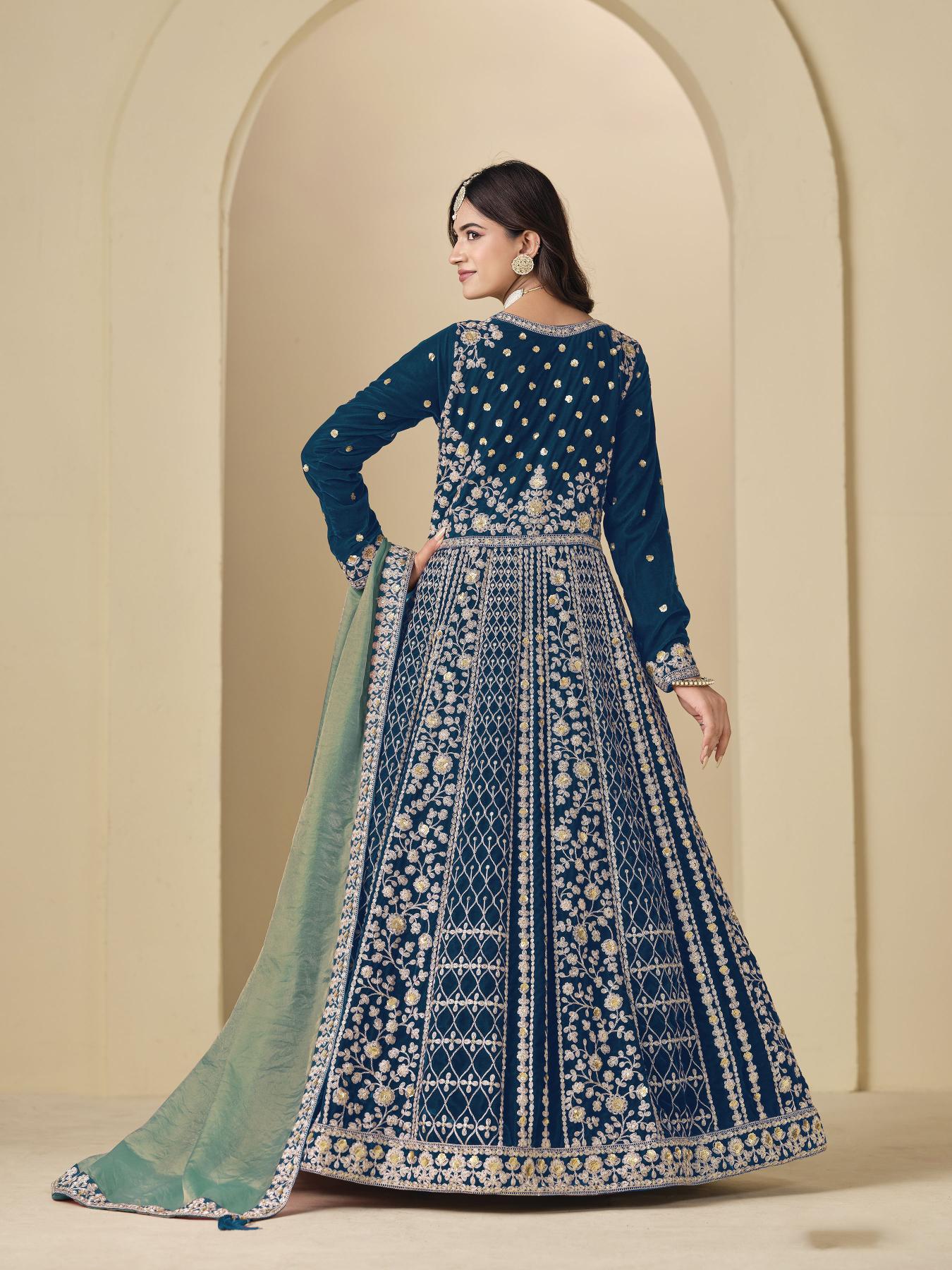 Teal Sky Blue Floral Designer Embroidered Anarkali Suit — alternate view