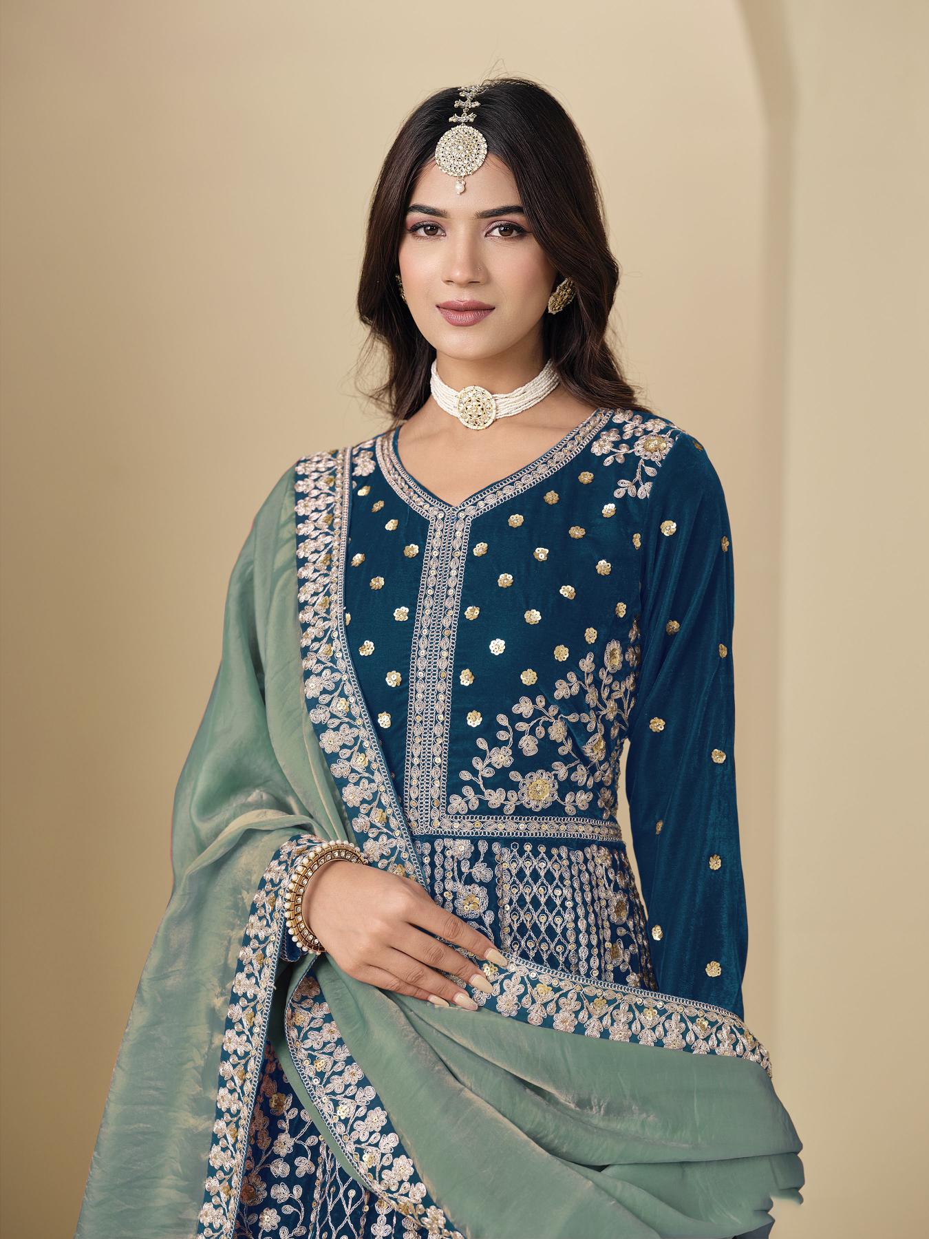 Teal Sky Blue Floral Designer Embroidered Anarkali Suit