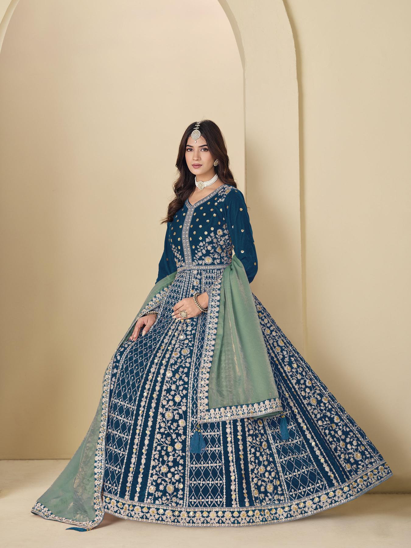 Teal Sky Blue Floral Designer Embroidered Anarkali Suit