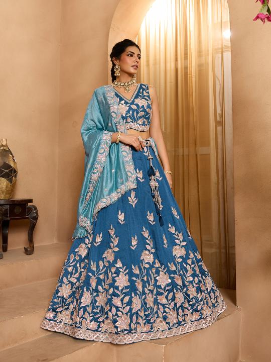 Teal Sky Blue Silk Lehenga Choli