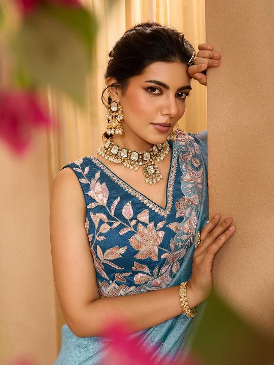 Teal Sky Blue Silk Lehenga Choli