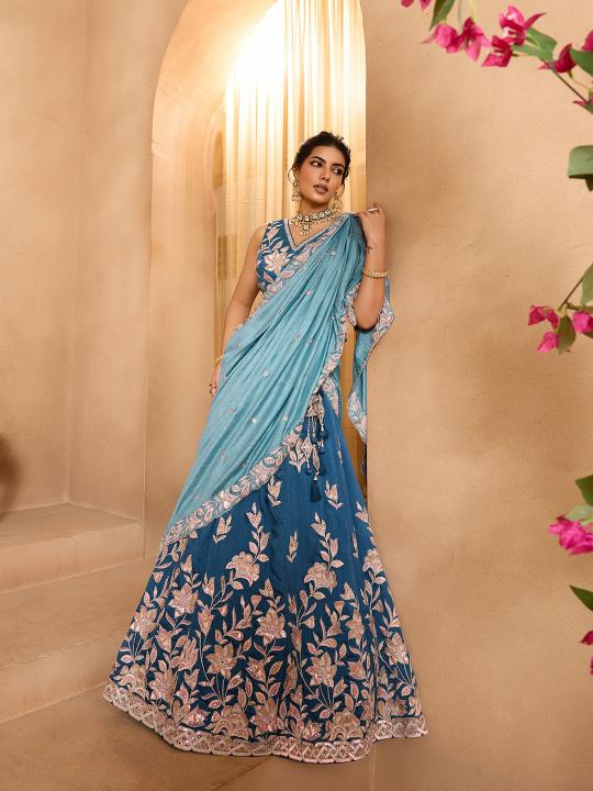 Teal Sky Blue Silk Lehenga Choli