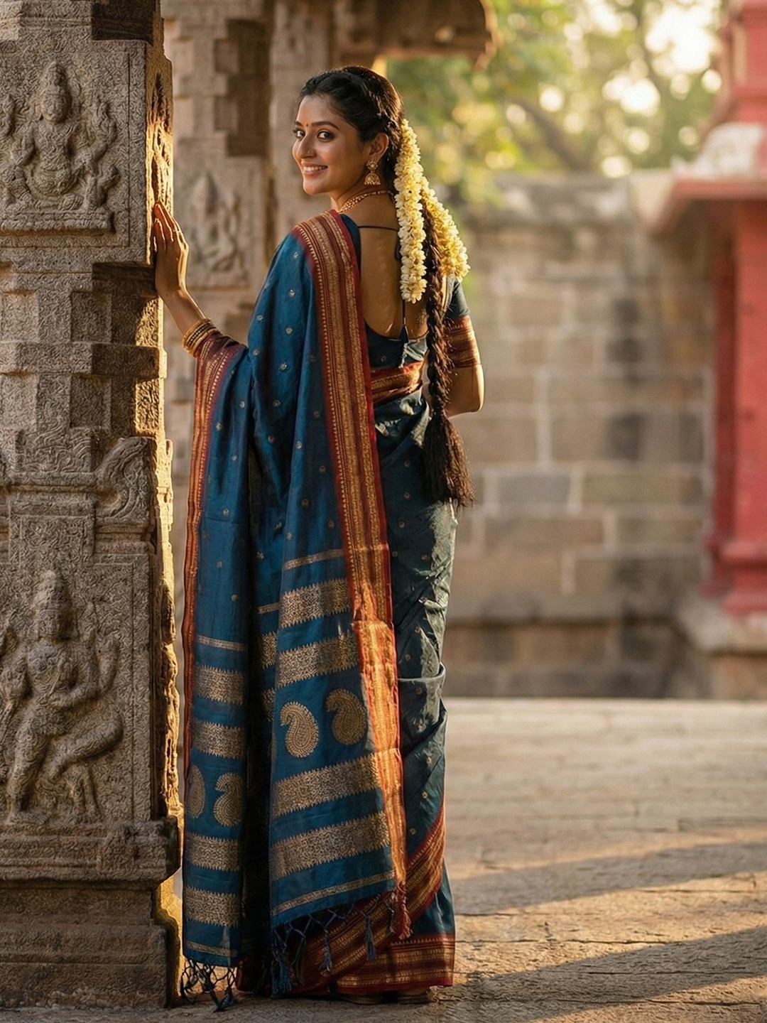 Teal Soft Silk Zari Woven Saree — alternate view