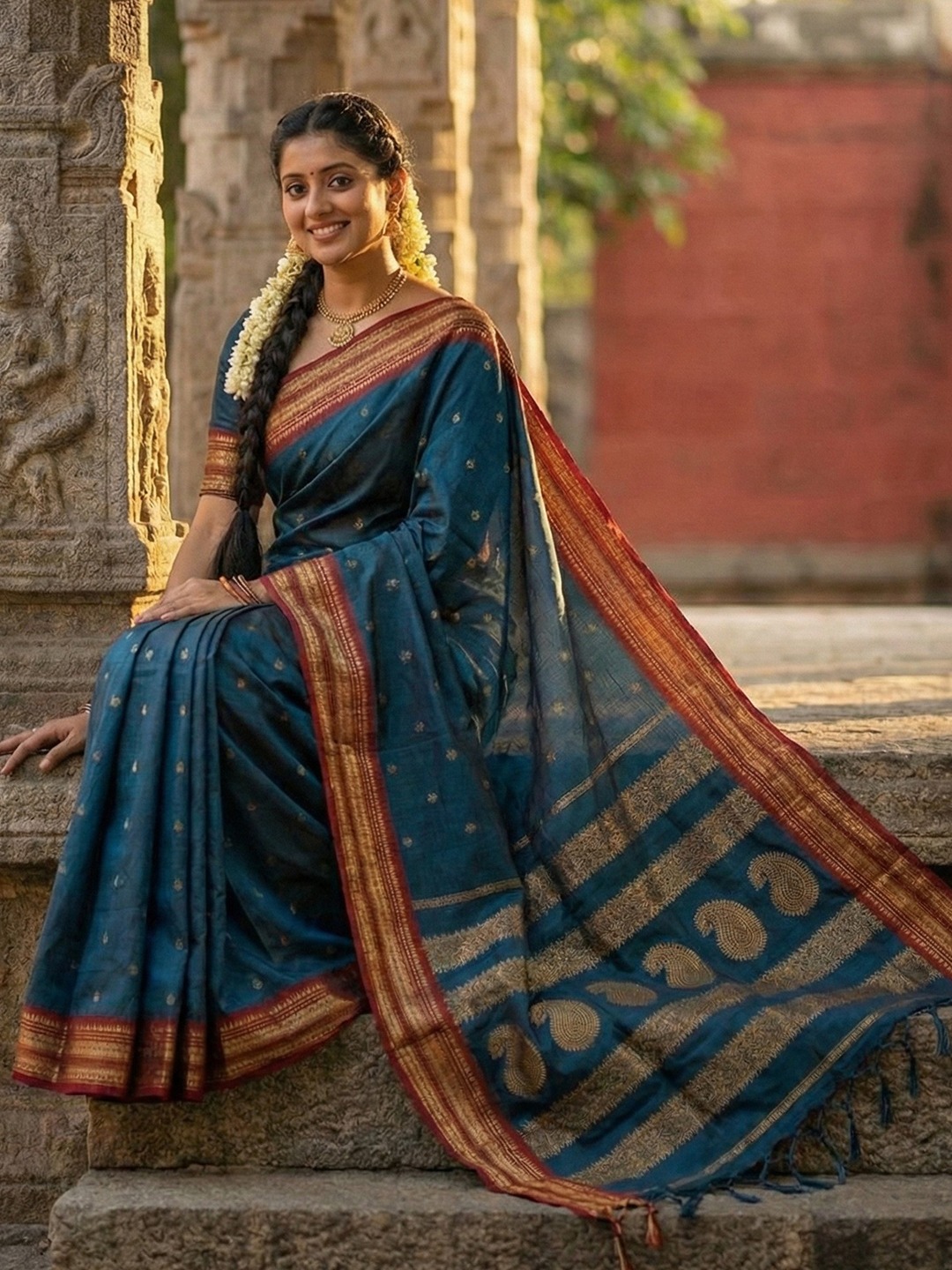 Teal Soft Silk Zari Woven Saree