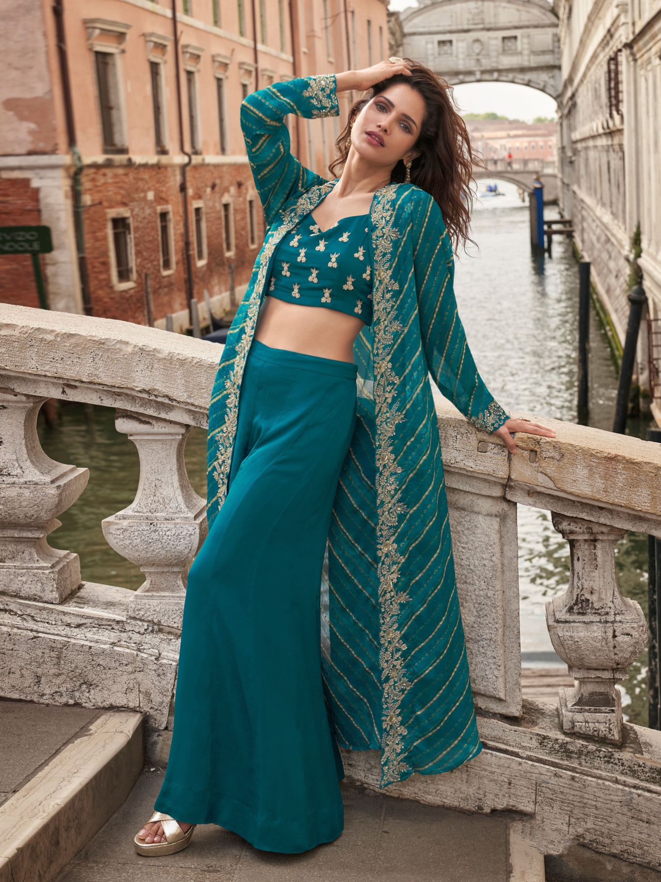 Teal Striped Embroidered Chinon Indo Western Set