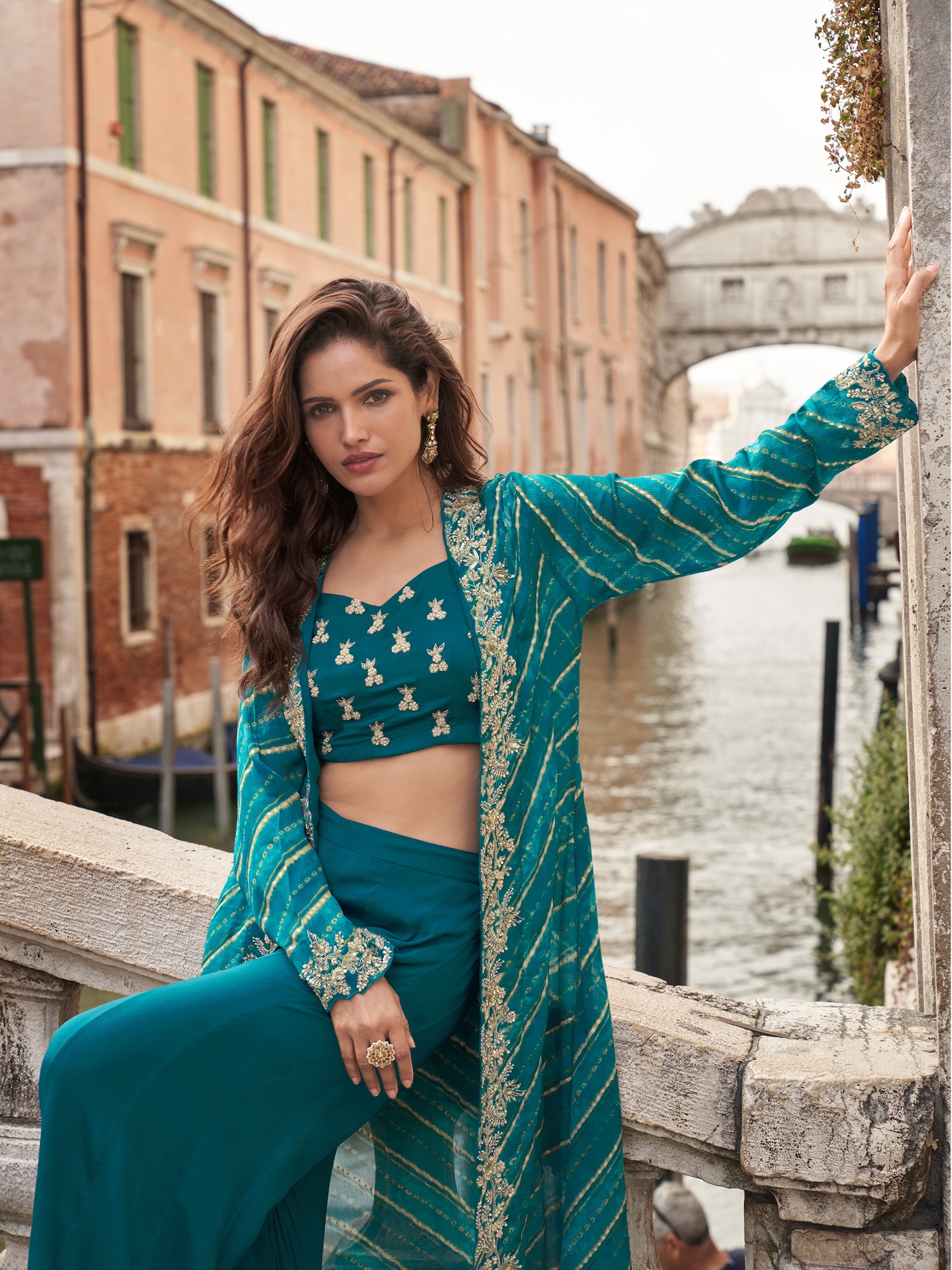Teal Striped Embroidered Chinon Indo Western Set — alternate view