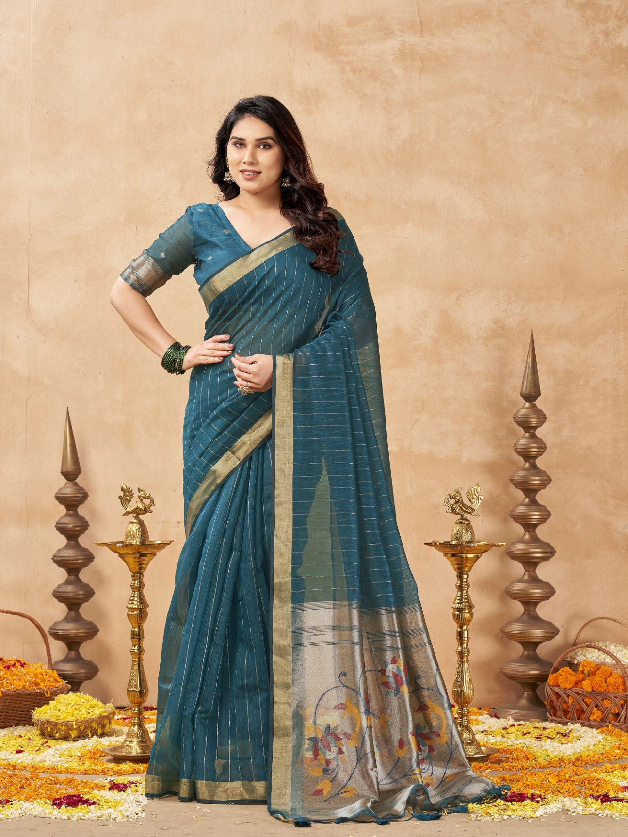 Teal Striped Weaving Zari Tissue Cotton Saree
