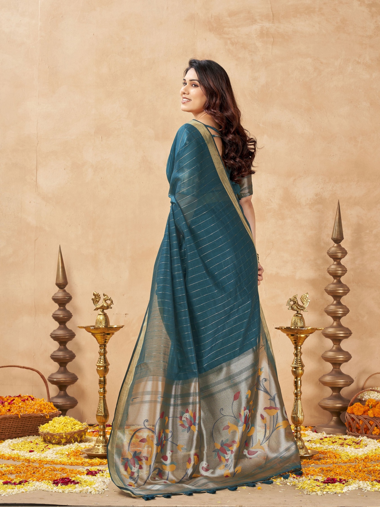 Teal Striped Weaving Zari Tissue Cotton Saree — alternate view