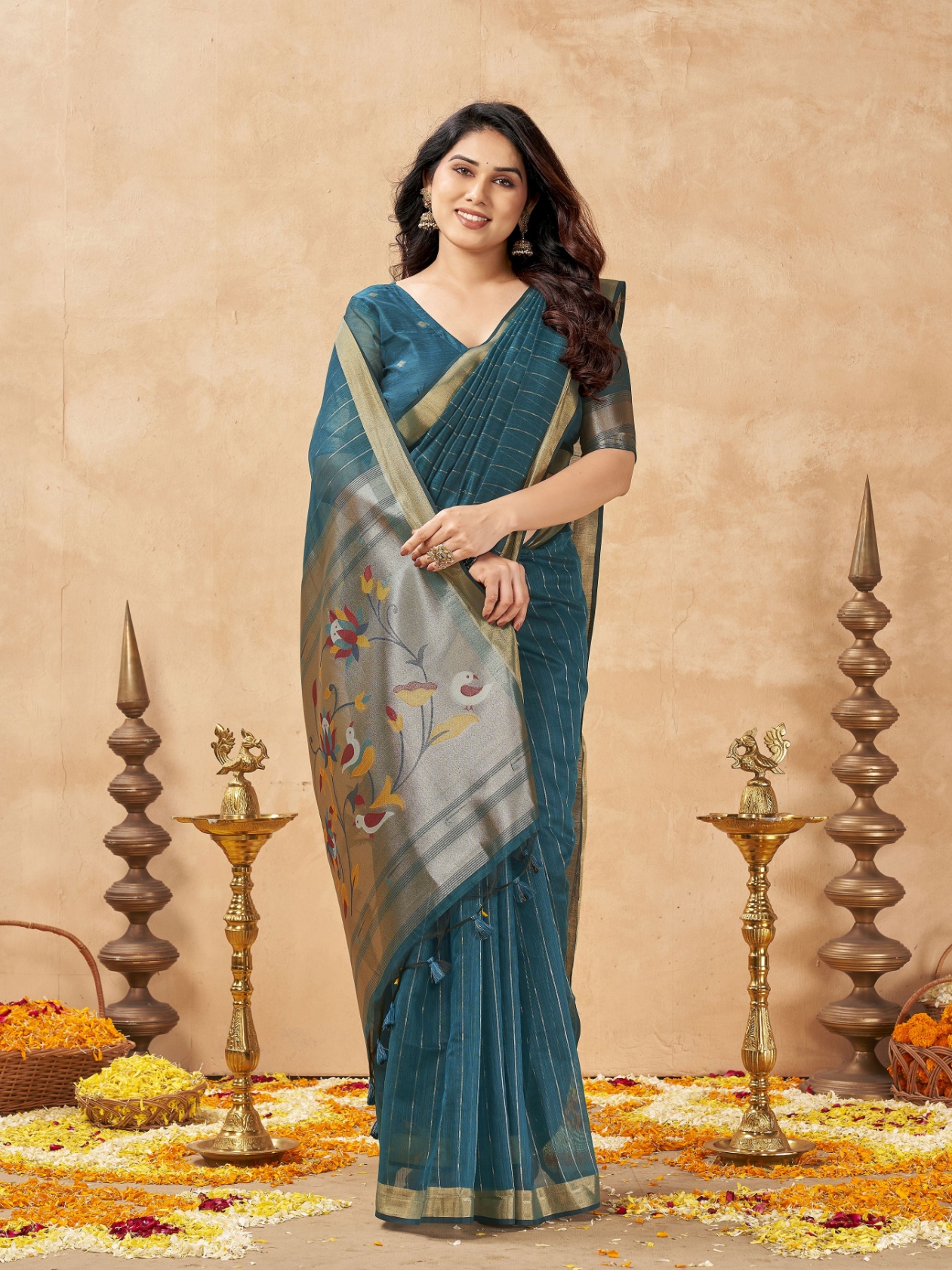 Teal Striped Weaving Zari Tissue Cotton Saree