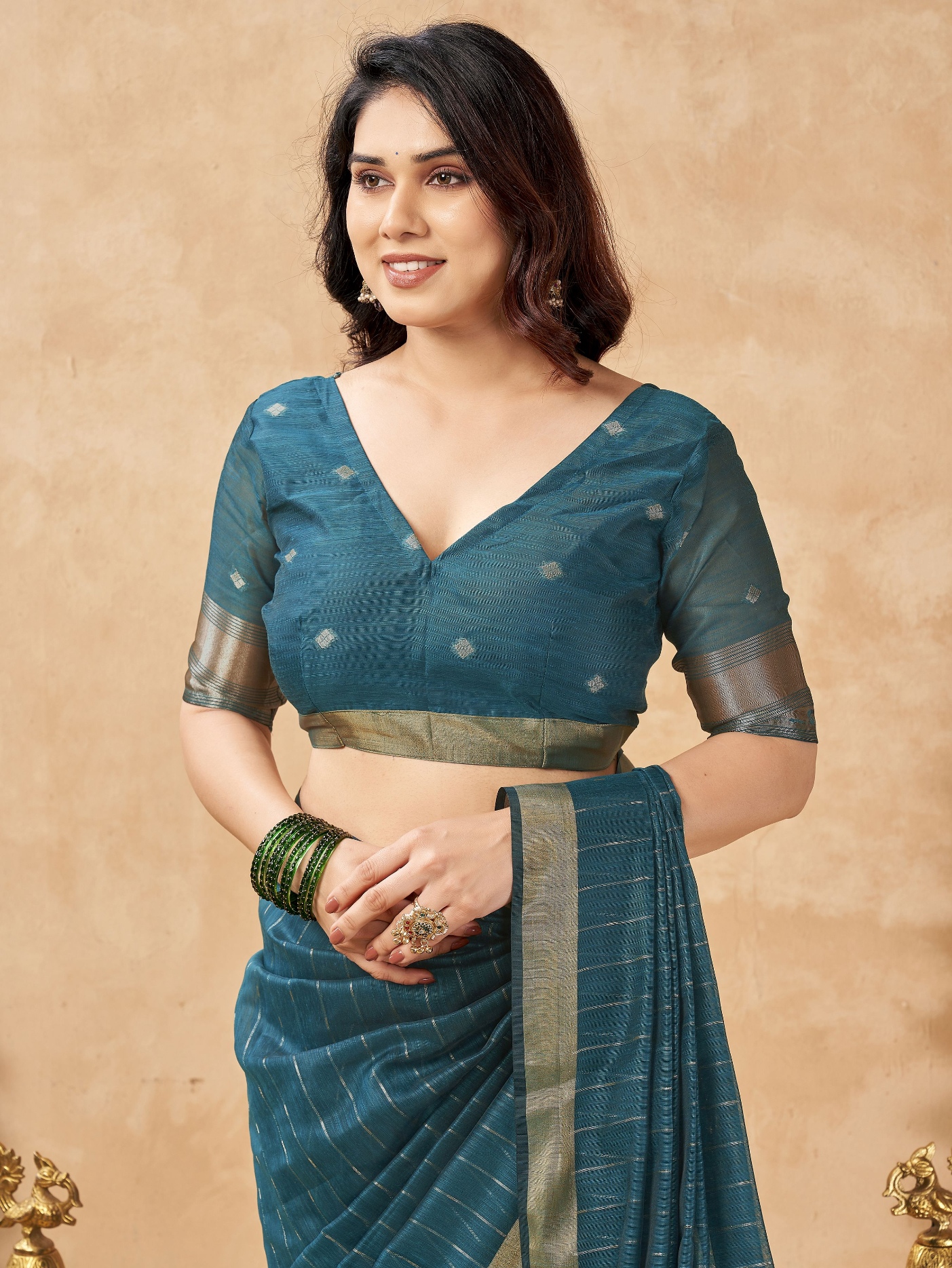 Teal Striped Weaving Zari Tissue Cotton Saree