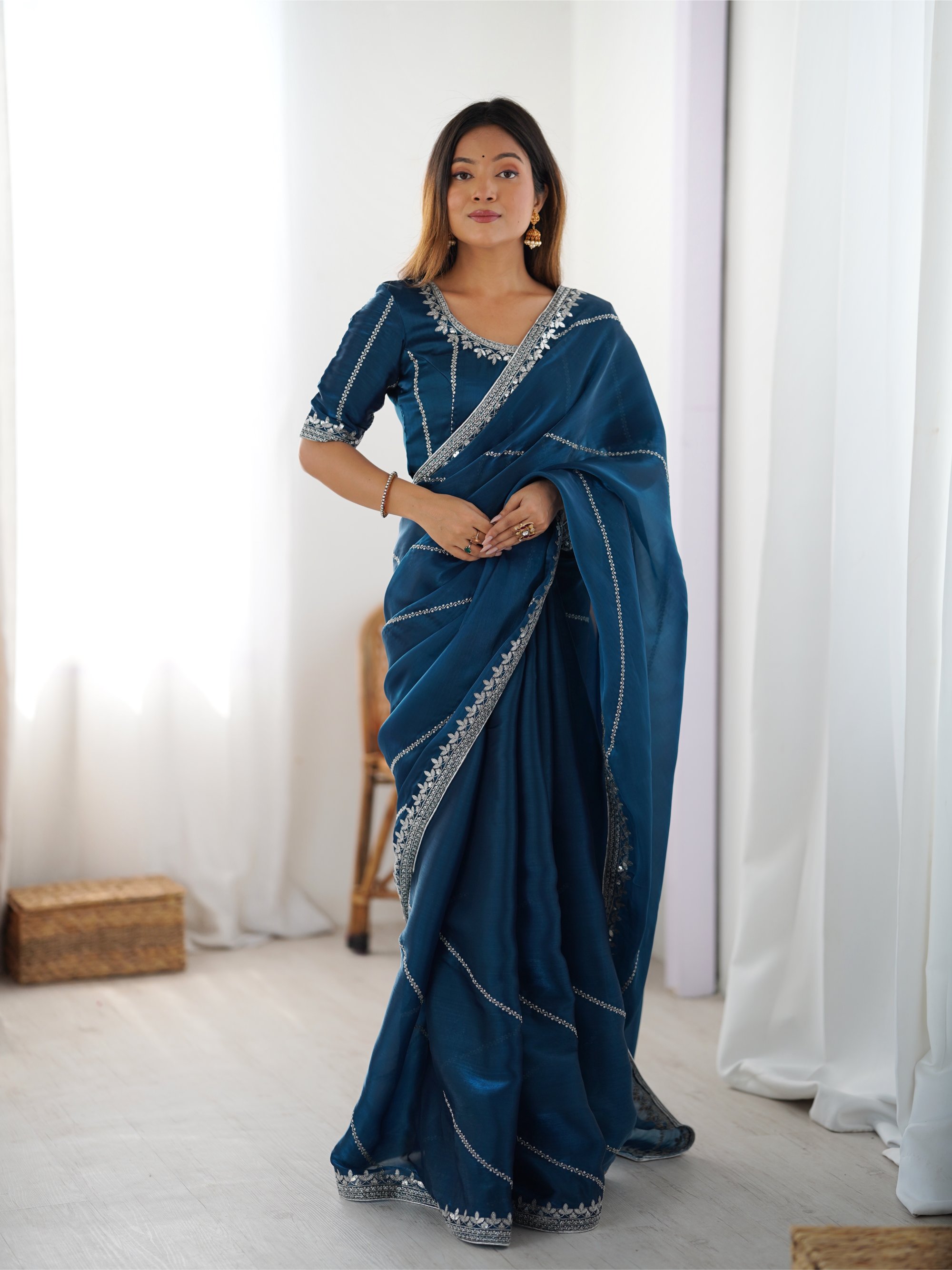Teal Thread N Sequence Embroidered Heavy Jimmy Choo Silk Saree