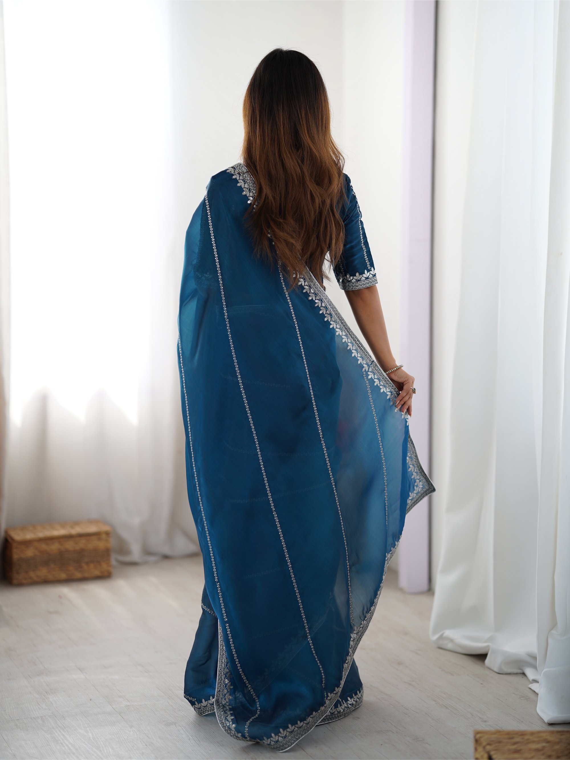 Teal Thread N Sequence Embroidered Heavy Jimmy Choo Silk Saree — alternate view