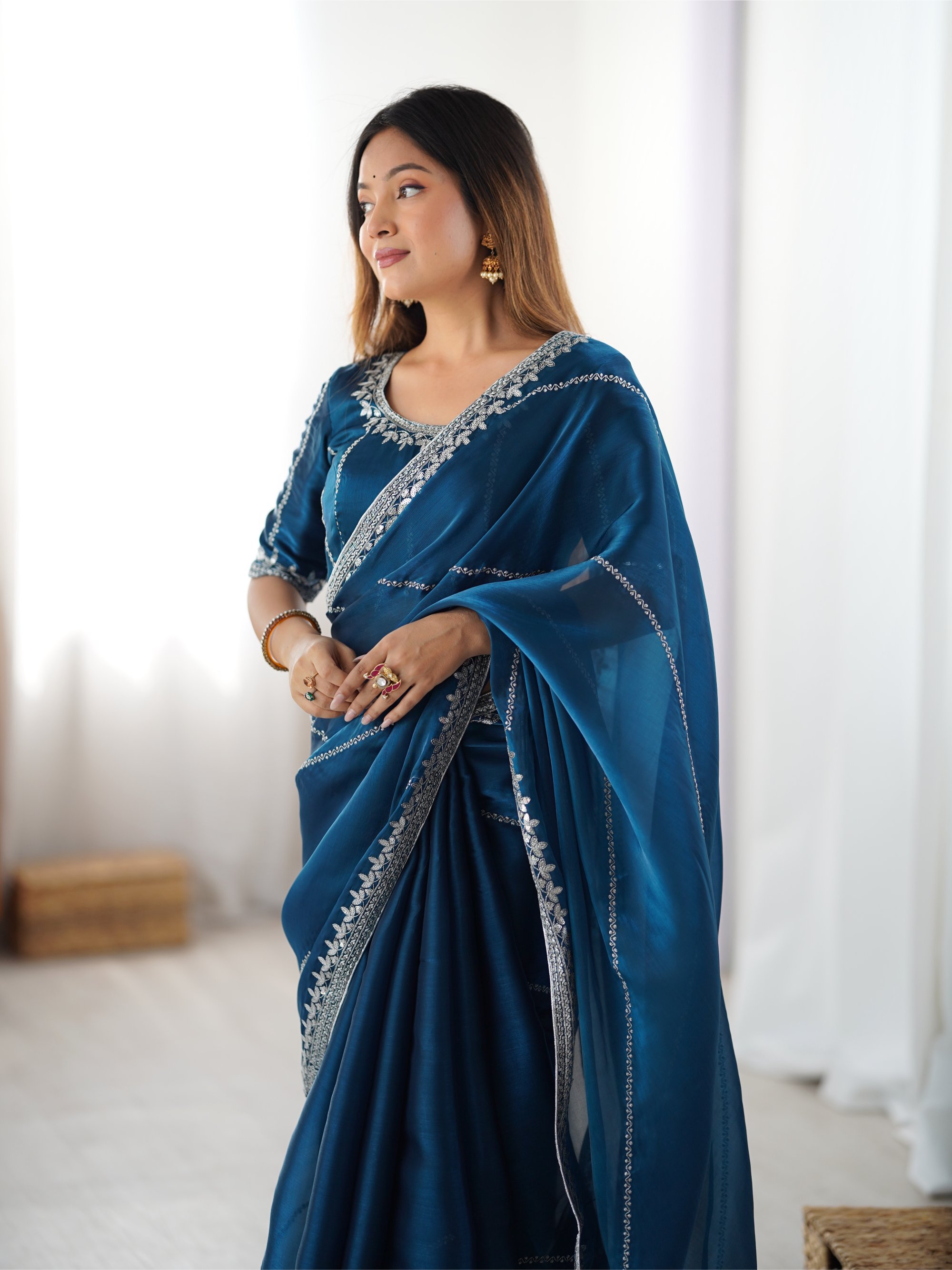 Teal Thread N Sequence Embroidered Heavy Jimmy Choo Silk Saree