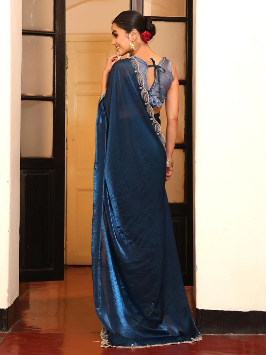 Teal Tissue Embroidery Work Saree — alternate view