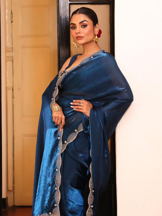 Teal Tissue Embroidery Work Saree