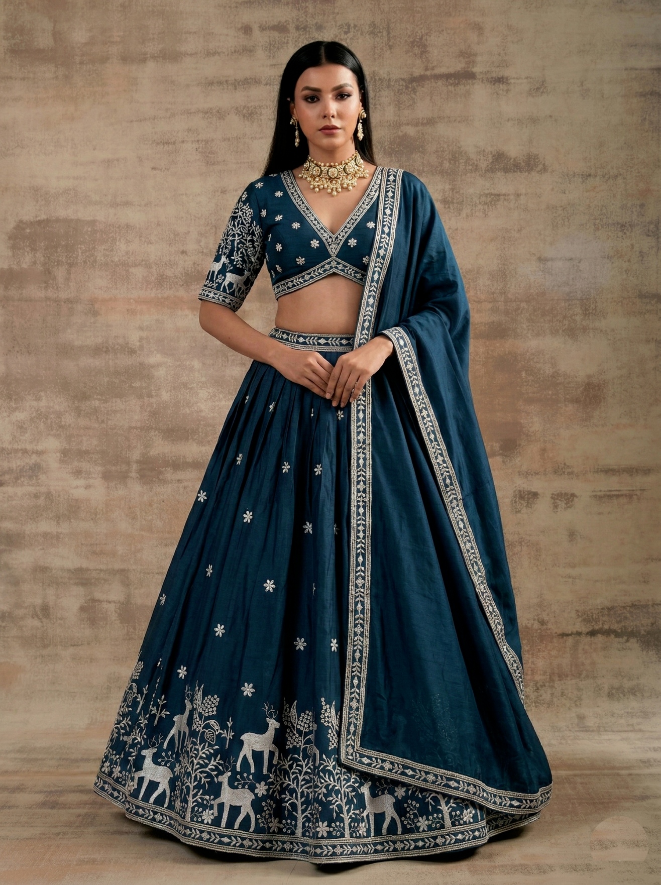 Teal Traditional Embroidery Satin Silk Lehenga