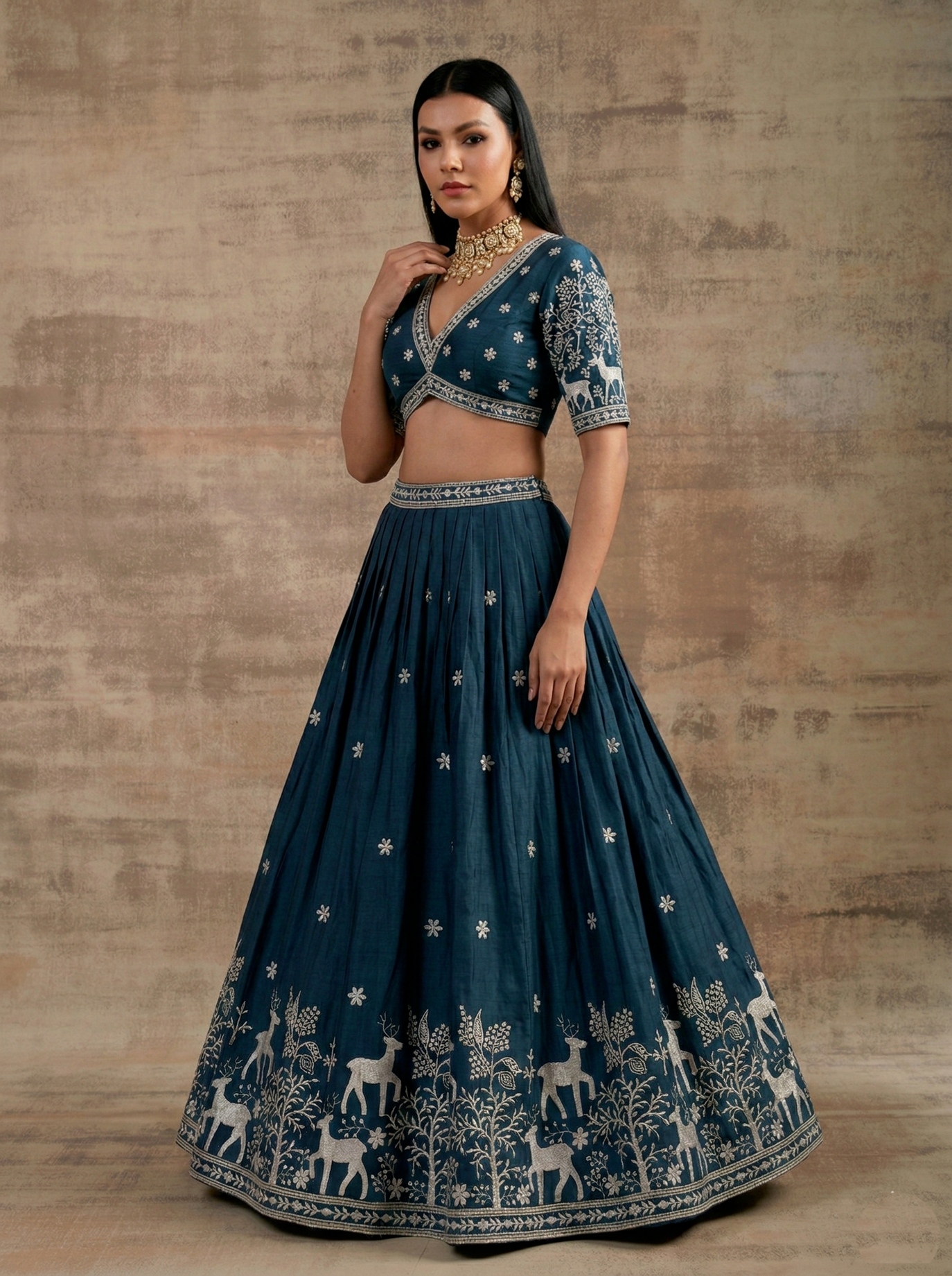 Teal Traditional Embroidery Satin Silk Lehenga — alternate view