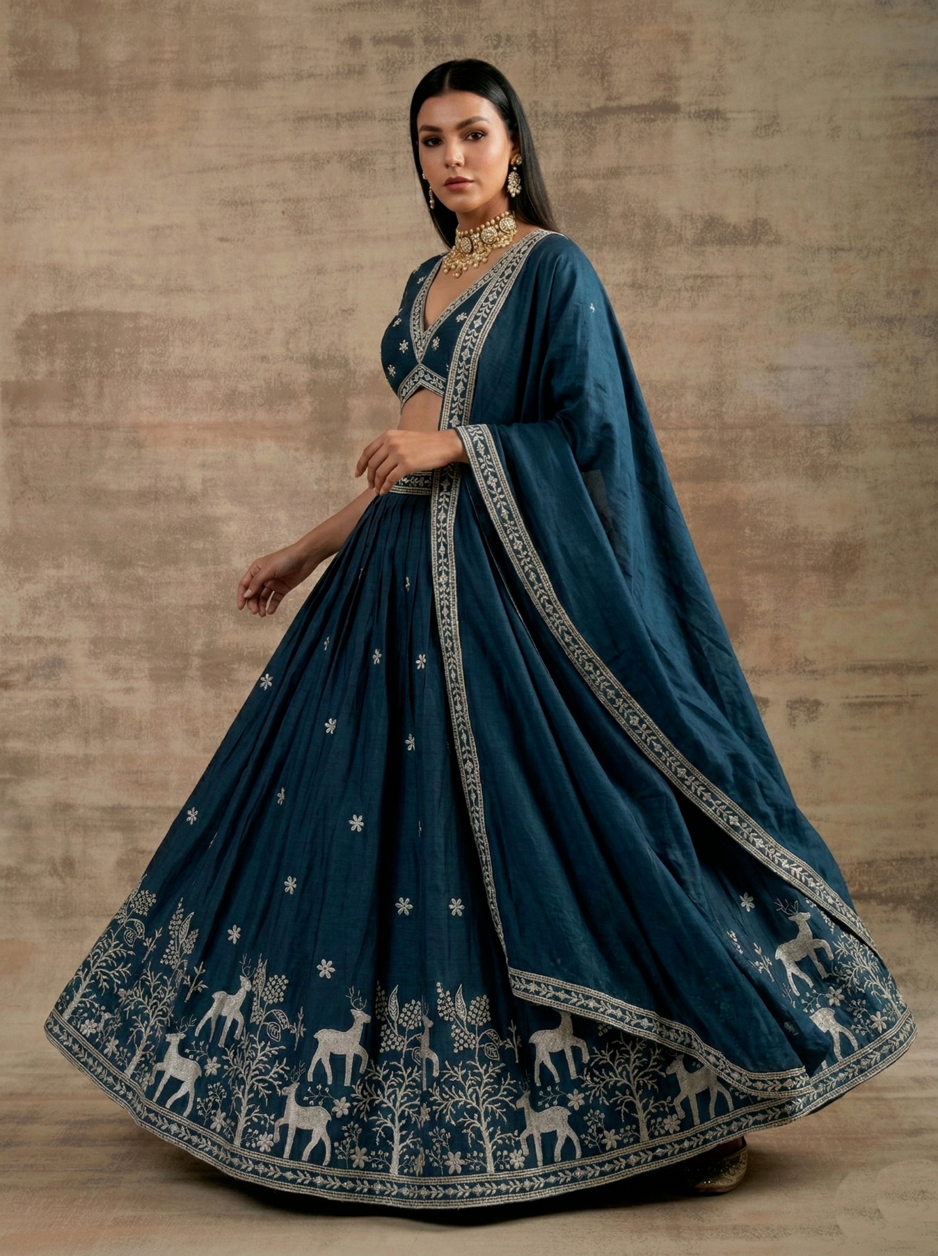 Teal Traditional Embroidery Satin Silk Lehenga