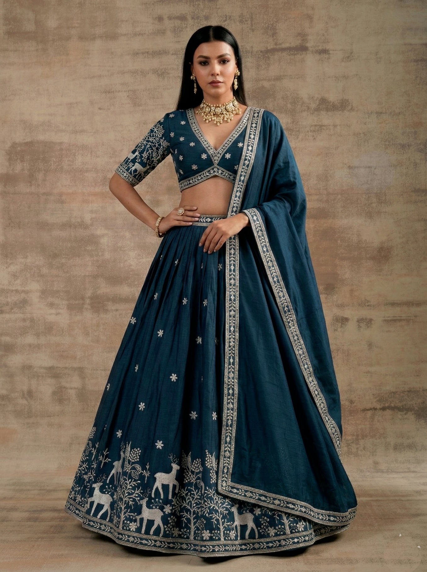 Teal Traditional Embroidery Satin Silk Lehenga