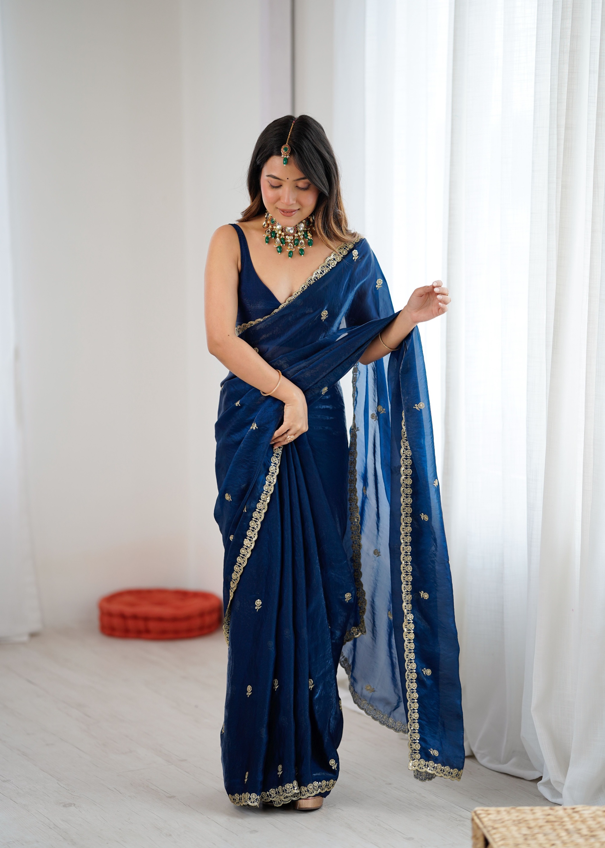 Teal Two Tone Embroidered Fendy Satin Saree