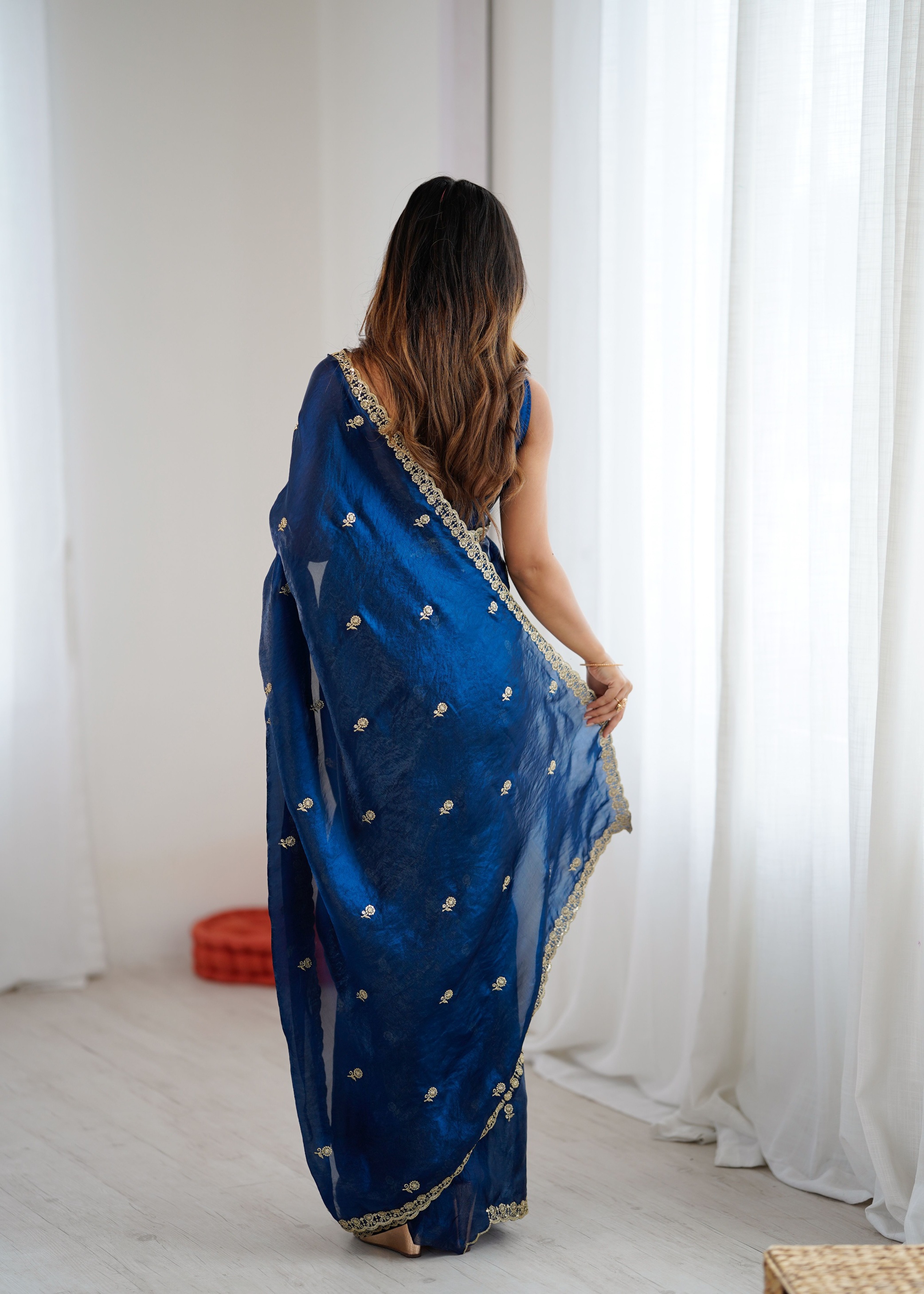 Teal Two Tone Embroidered Fendy Satin Saree — alternate view