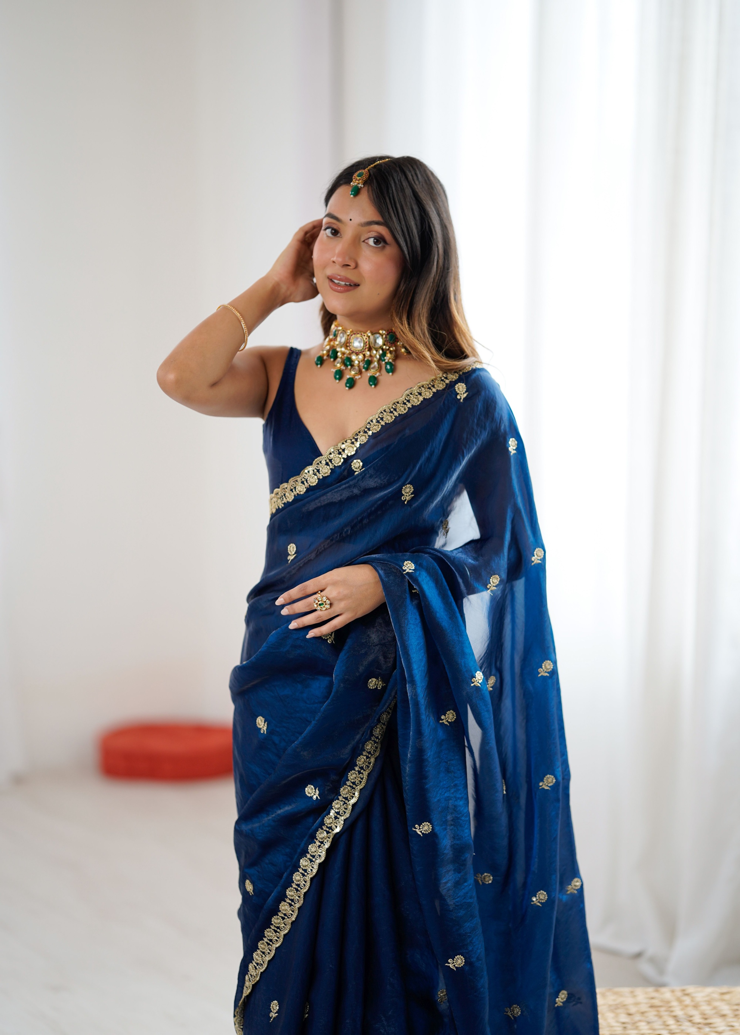 Teal Two Tone Embroidered Fendy Satin Saree