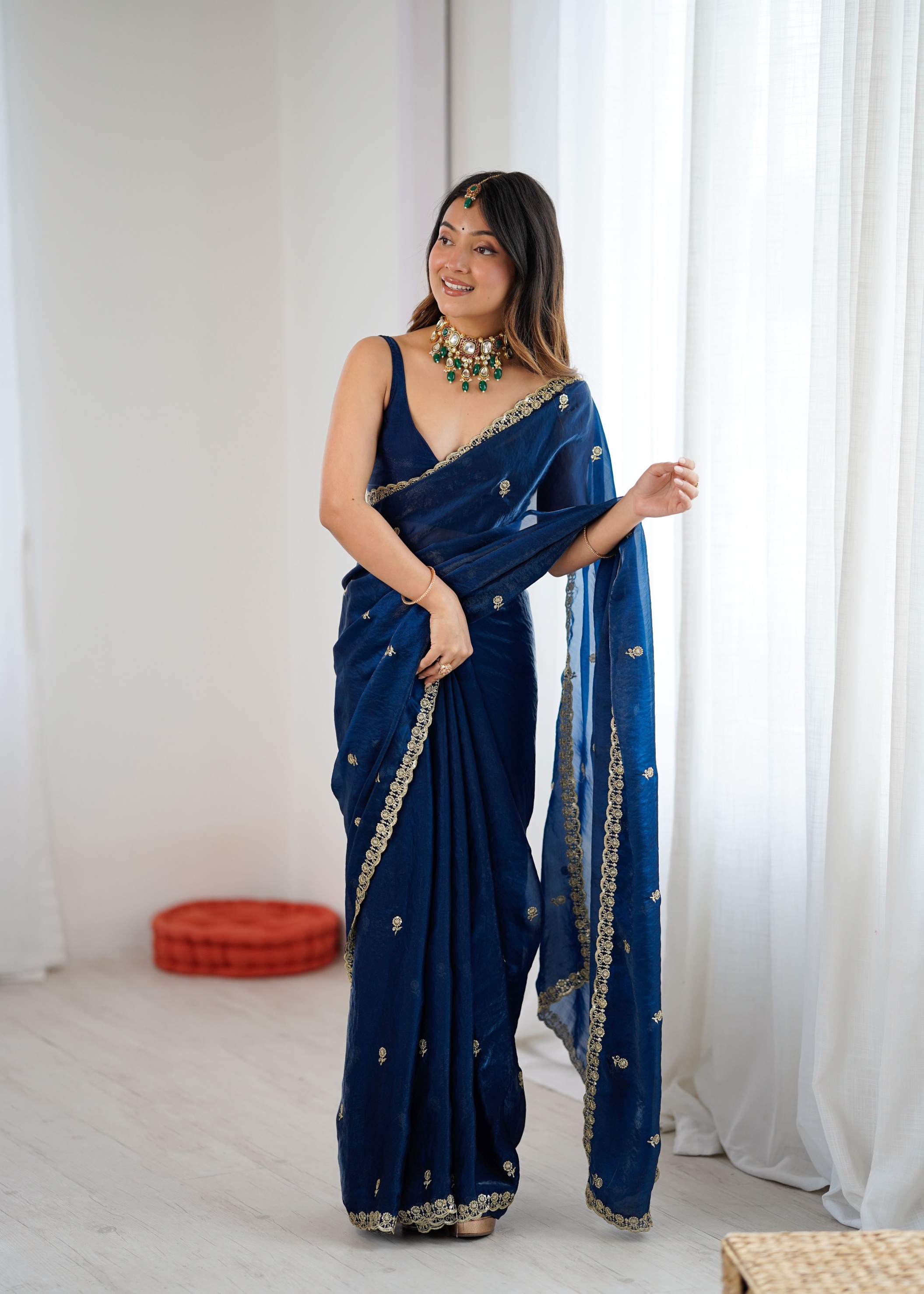 Teal Two Tone Embroidered Fendy Satin Saree