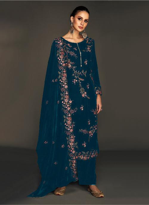 Teal Velvet Embroidered Palazzo Suit