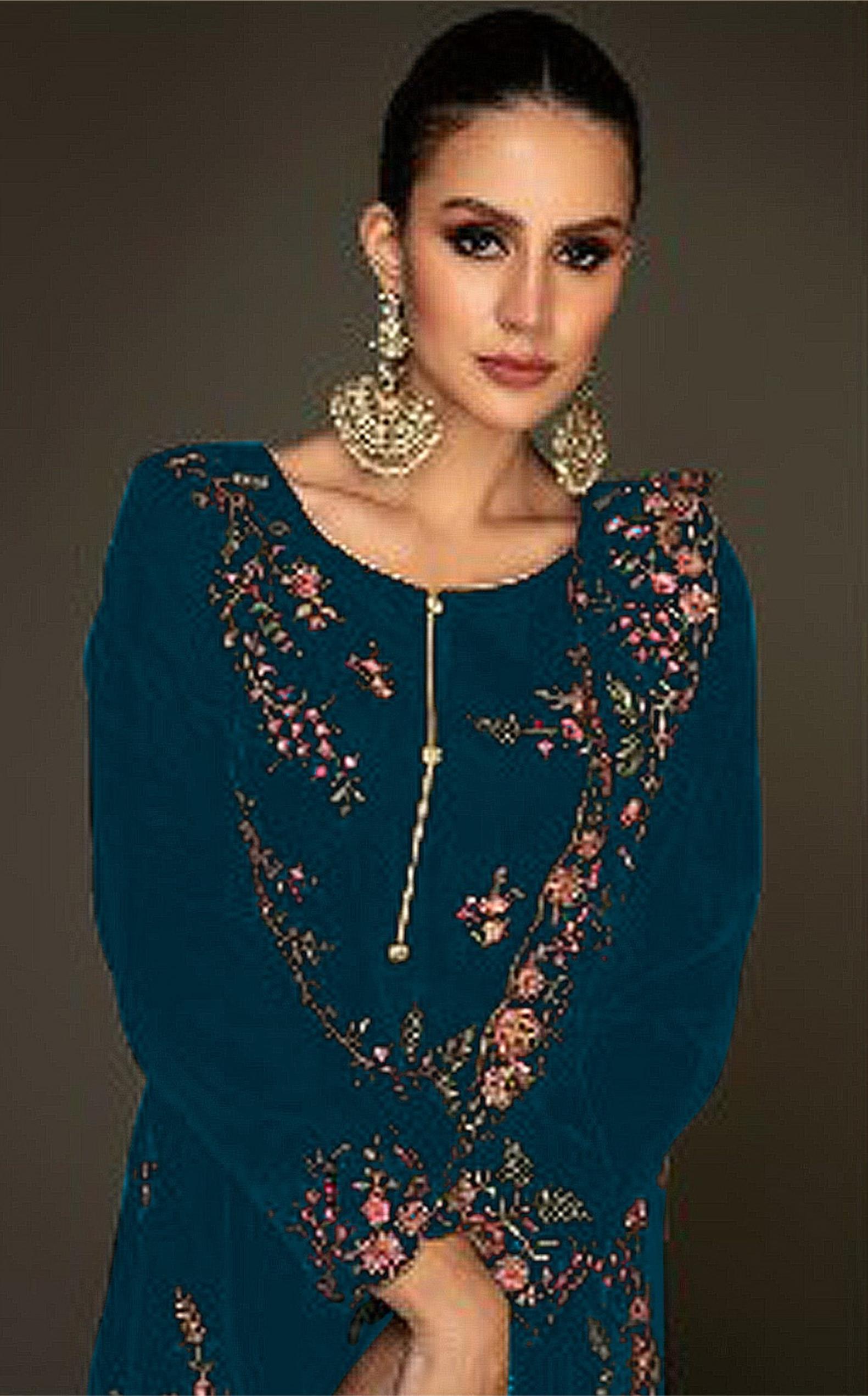 Teal Velvet Embroidered Palazzo Suit — alternate view