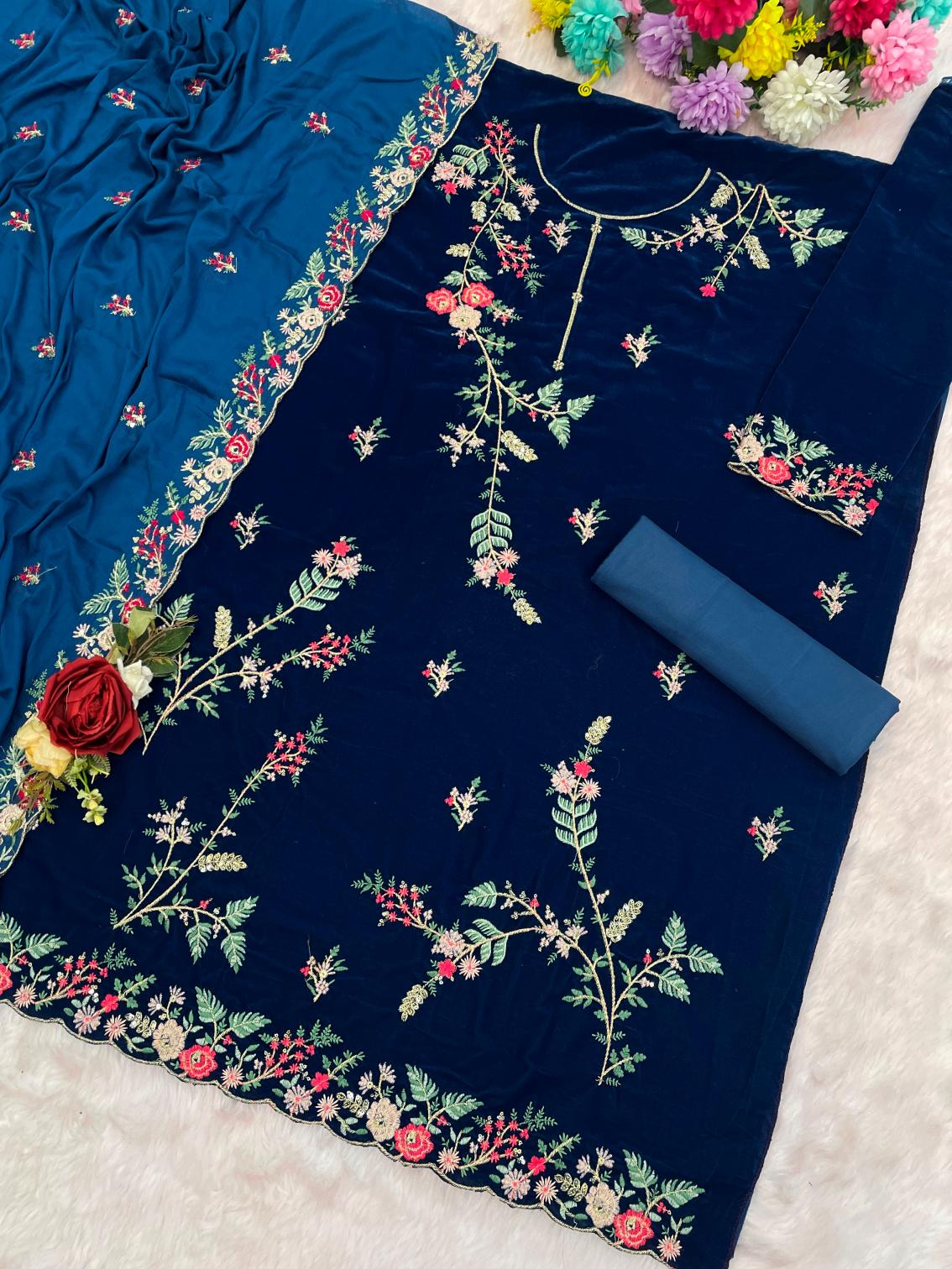 Teal Velvet Embroidered Palazzo Suit