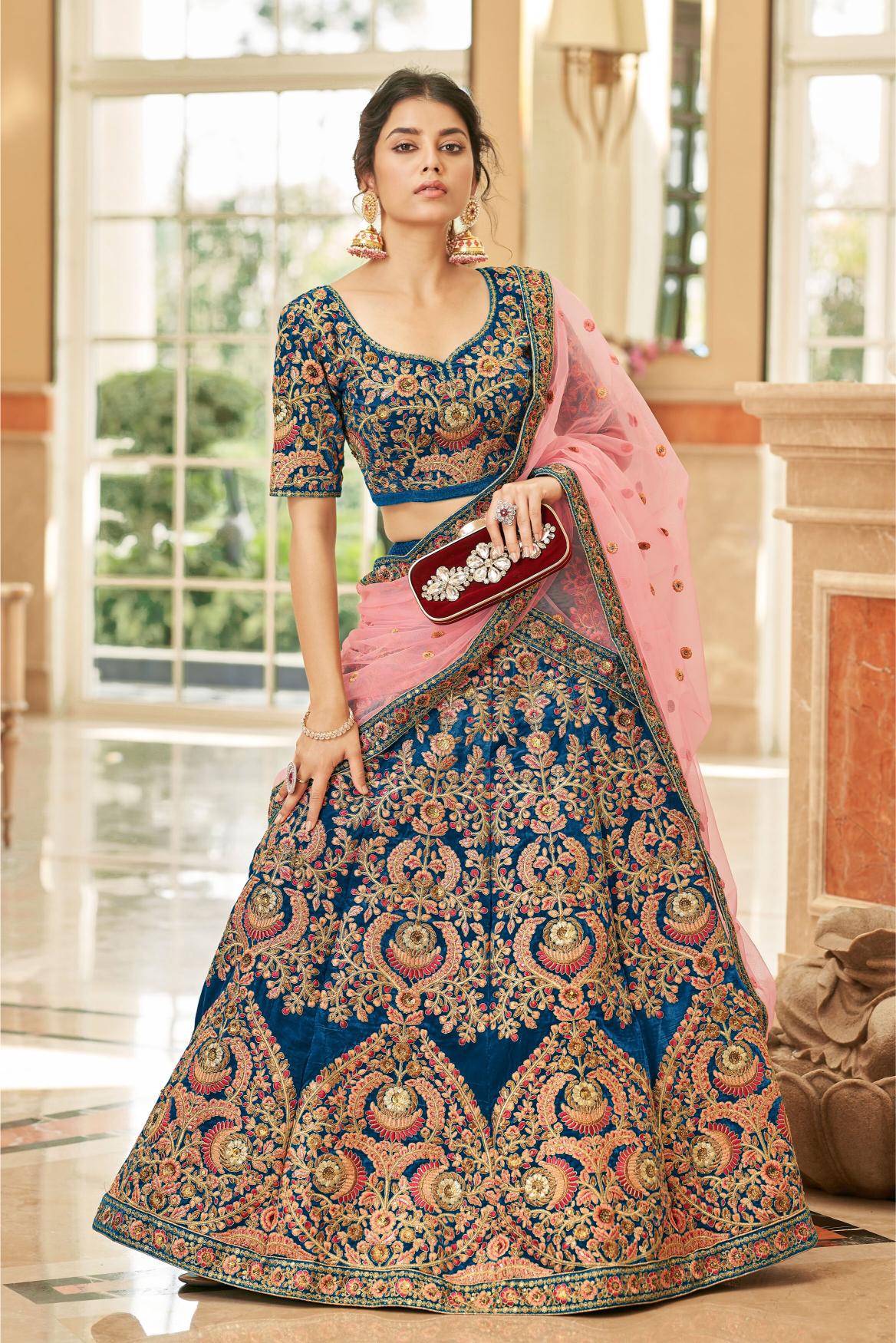 Teal Velvet Lehenga Choli
