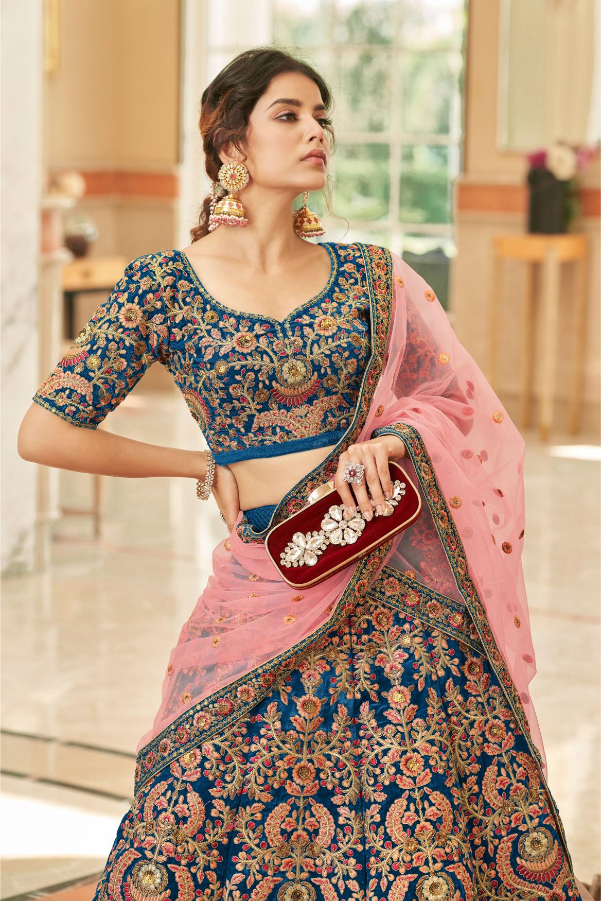 Teal Velvet Lehenga Choli — alternate view
