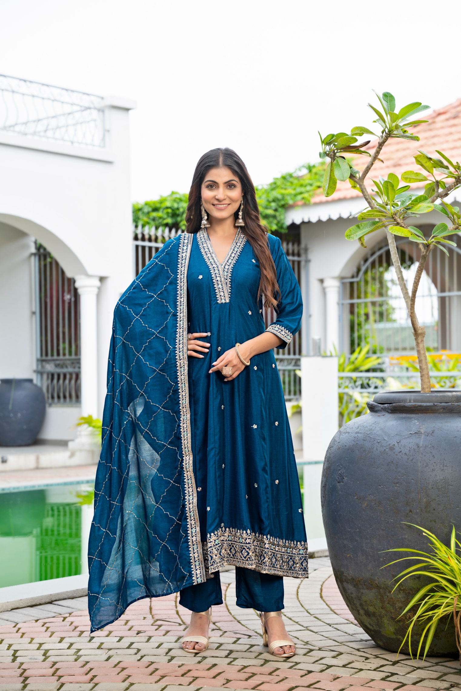Teal Vichitra Silk Embroidered Straight Kurta Set