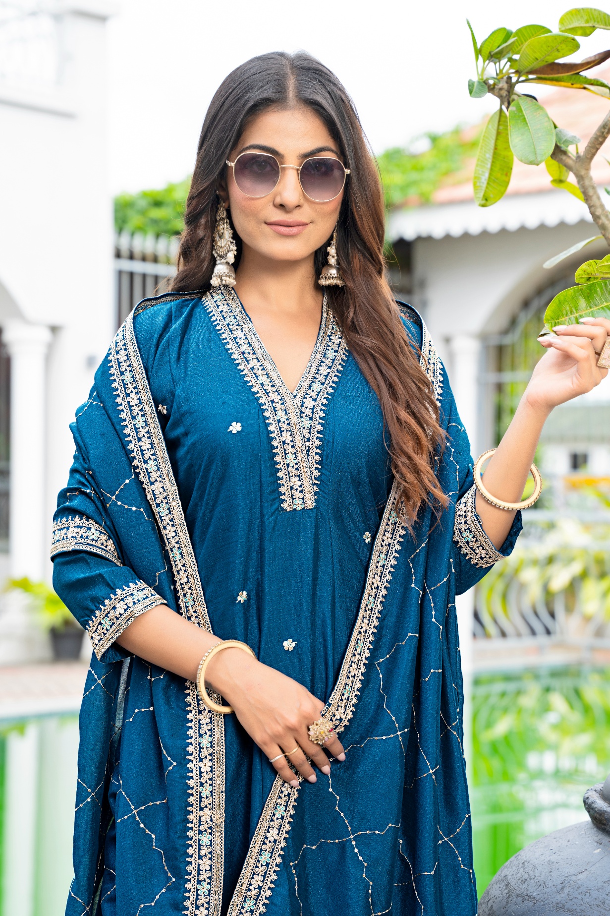 Teal Vichitra Silk Embroidered Straight Kurta Set
