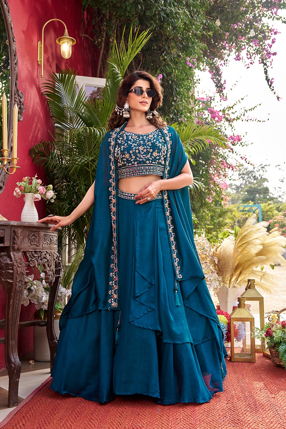 Teal Vichitra Silk Heavy Embroidered Indo Western Lehenga Choli