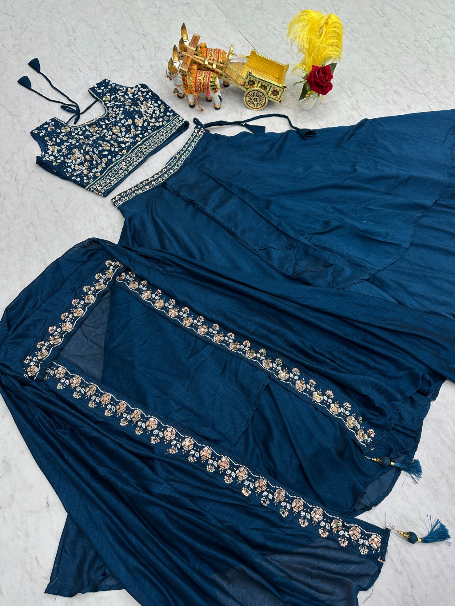 Teal Vichitra Silk Heavy Embroidered Indo Western Lehenga Choli