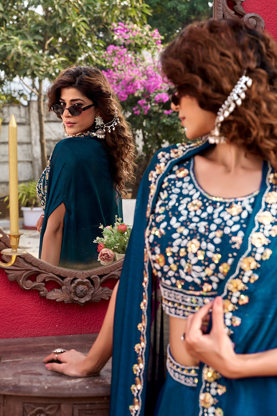 Teal Vichitra Silk Heavy Embroidered Indo Western Lehenga Choli