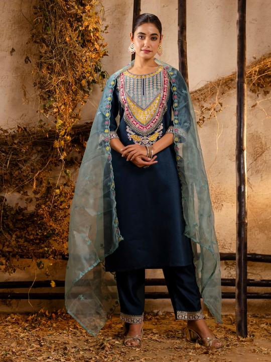 Teal Viscose Rayon Straight Suit