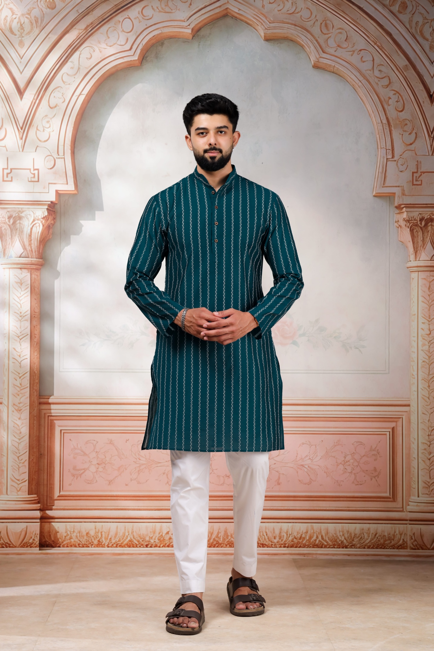 Teal Woven Designer Cotton Kurta Pyjama