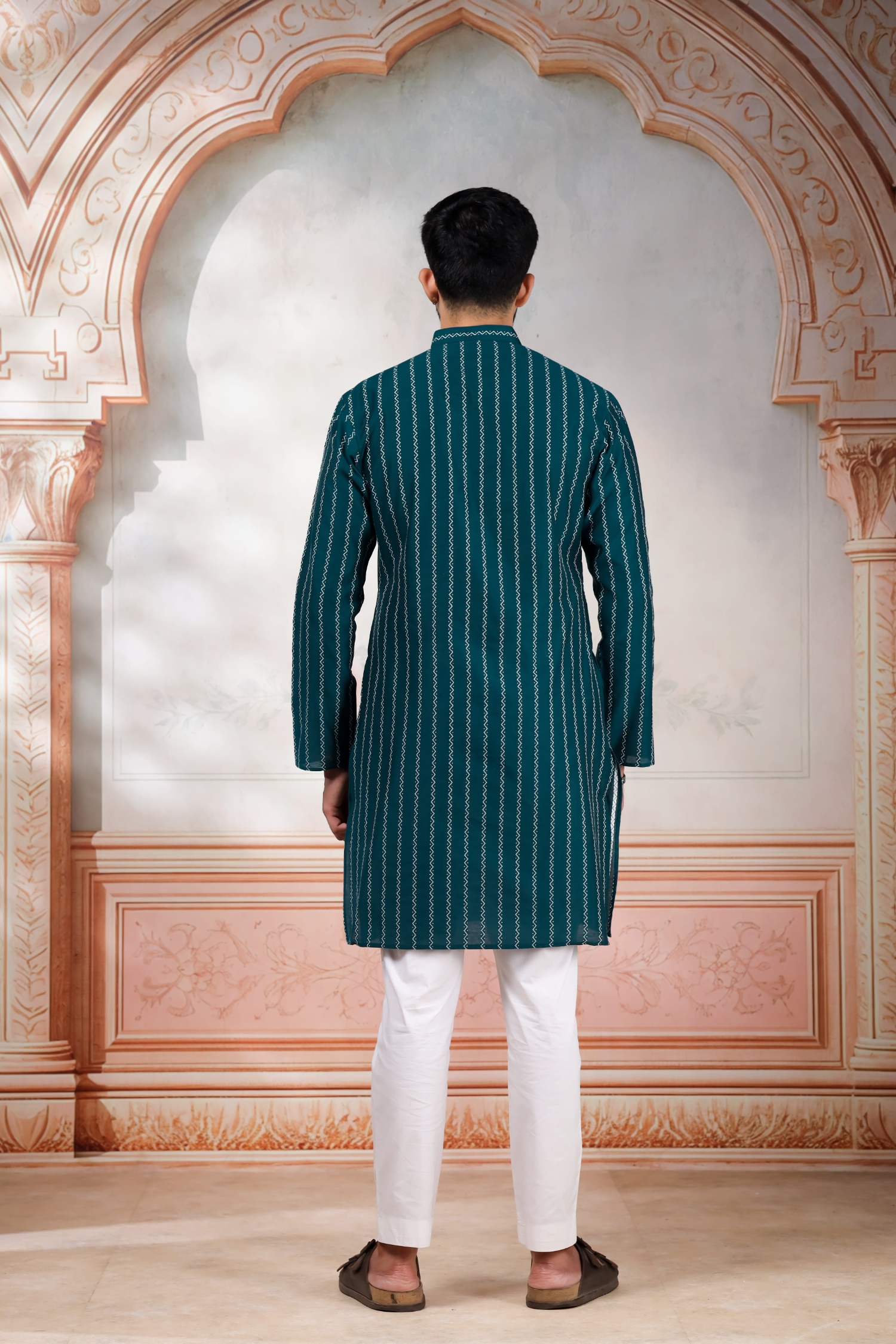 Teal Woven Designer Cotton Kurta Pyjama — alternate view