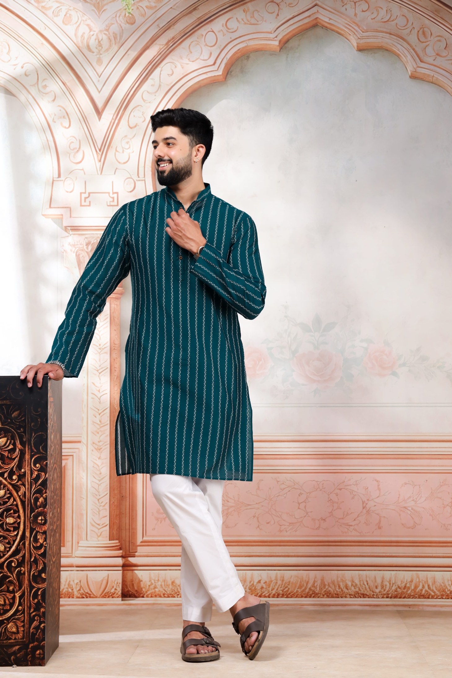 Teal Woven Designer Cotton Kurta Pyjama
